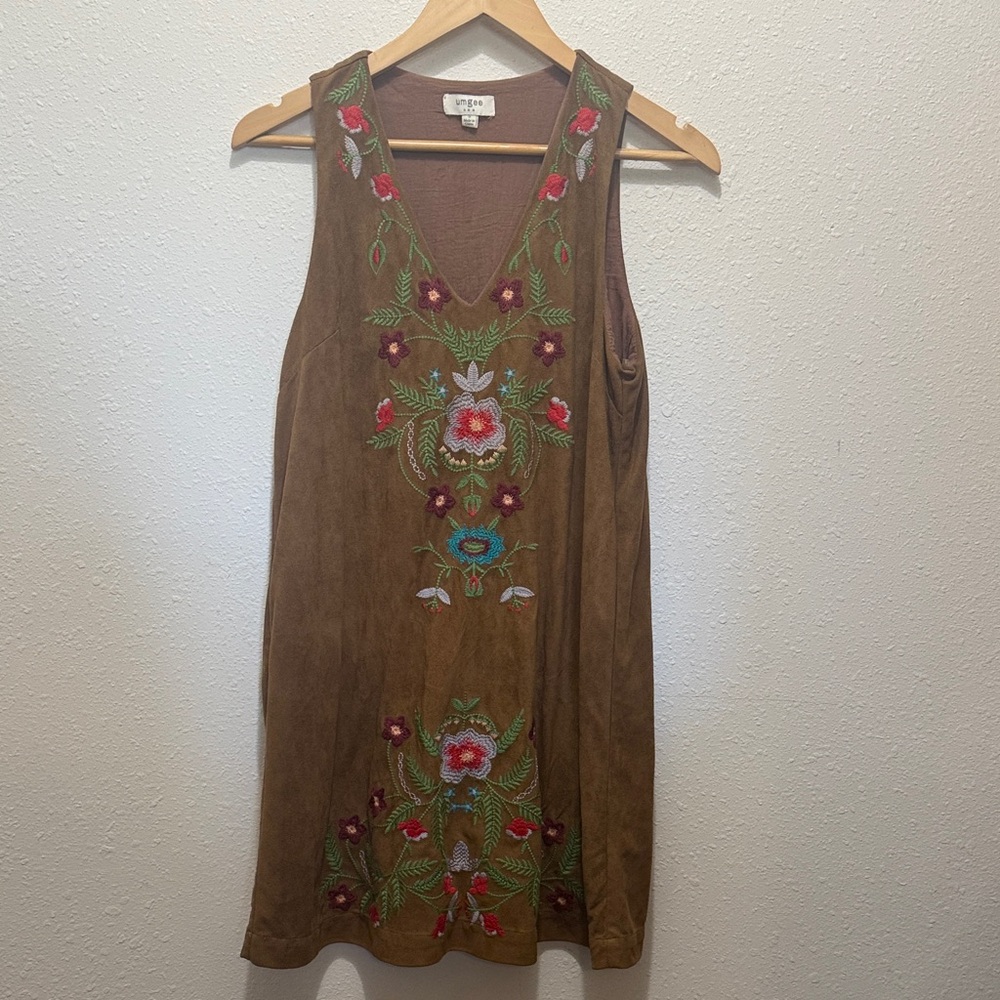 Umgee Brown Embroidered Sleeveless Dress, Size S
